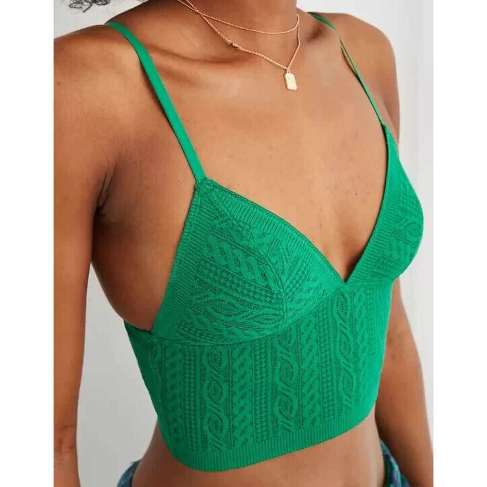 NWT Aerie Women's Green Alpine Stretch Cable Lace‎ Longline Bralette Bra Size M
